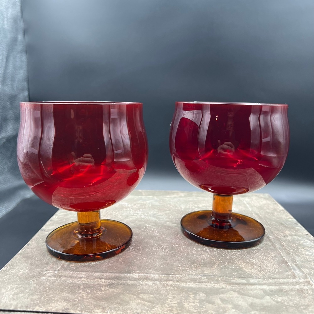 Vtg Lot Ruby Red Amber Block Capers Wine Glass Brandy Snifters Goblets Glasses